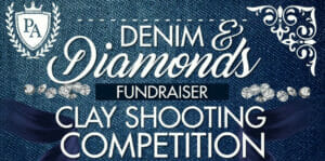 A lively banner with the text: Denim and Diamonds Clay Shooting Competition, to promote Providence Academy's fundraiser event, featuring denim and diamond graphics