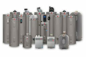 A selection of various tankless water heaters on display, representing the diverse options available for energy-efficient hot water solutions.