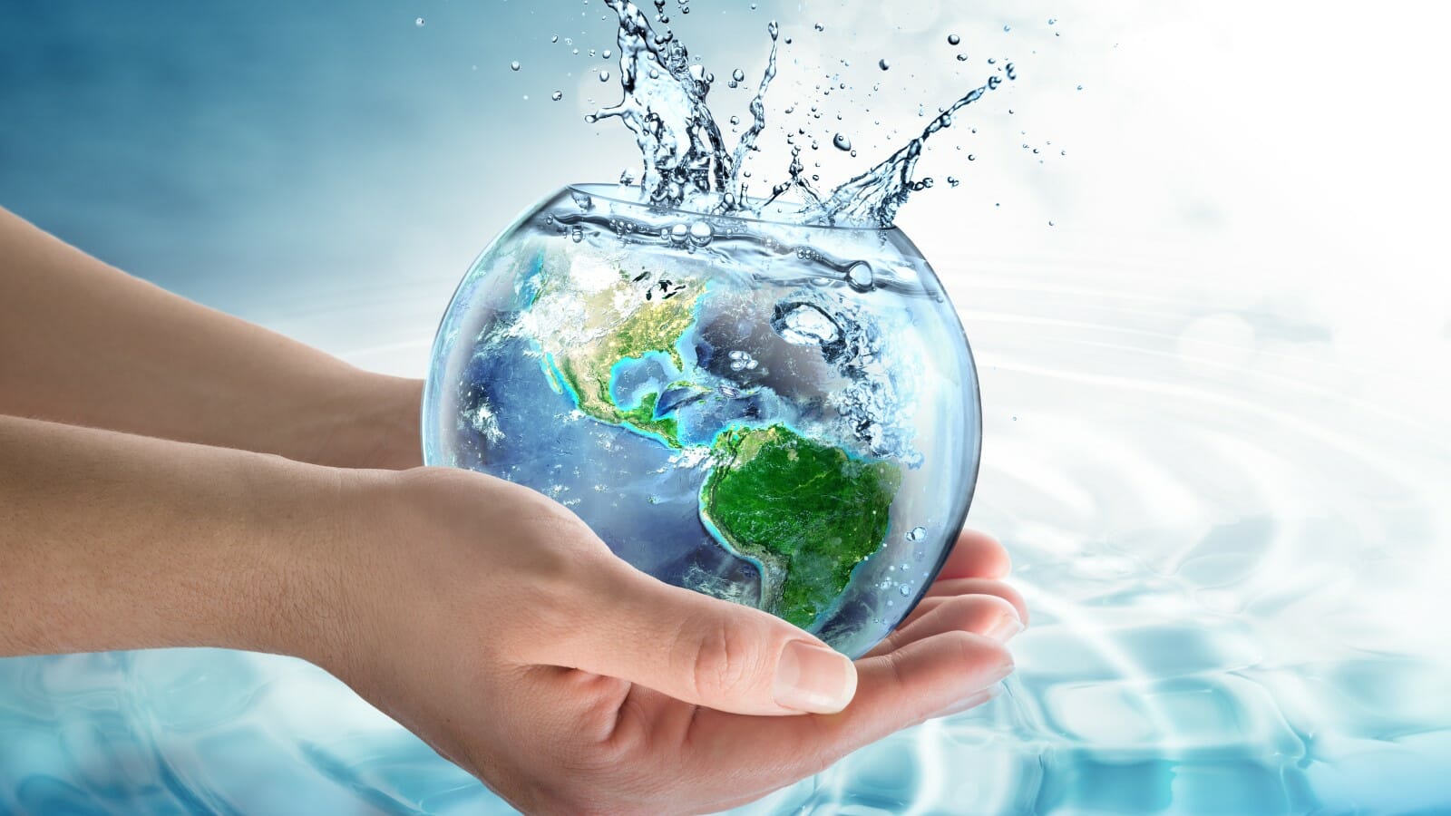 An illustrative image featuring a globe submerged in a spherical water tank, symbolizing the importance of water conservation and eco-friendly plumbing practices, set against a vibrant blue watery background.