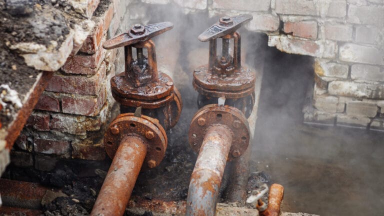 Rusty industrial valves and pipes emitting steam, highlighting the need for professional gas leak detection services