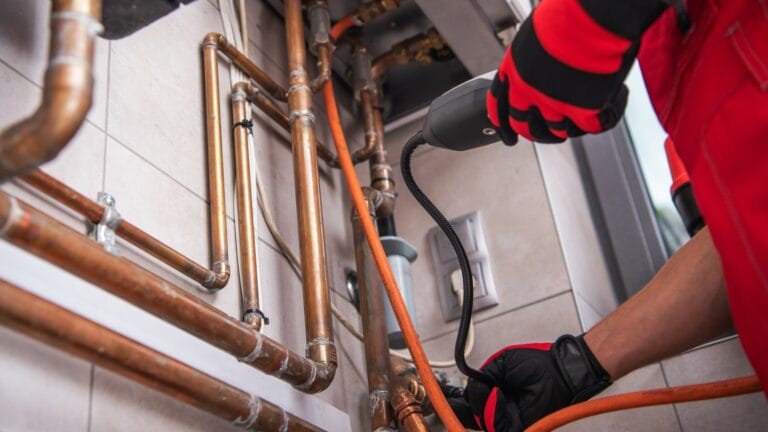 An HVAC technician using a natural gas detector to meticulously inspect copper pipes for potential leaks
