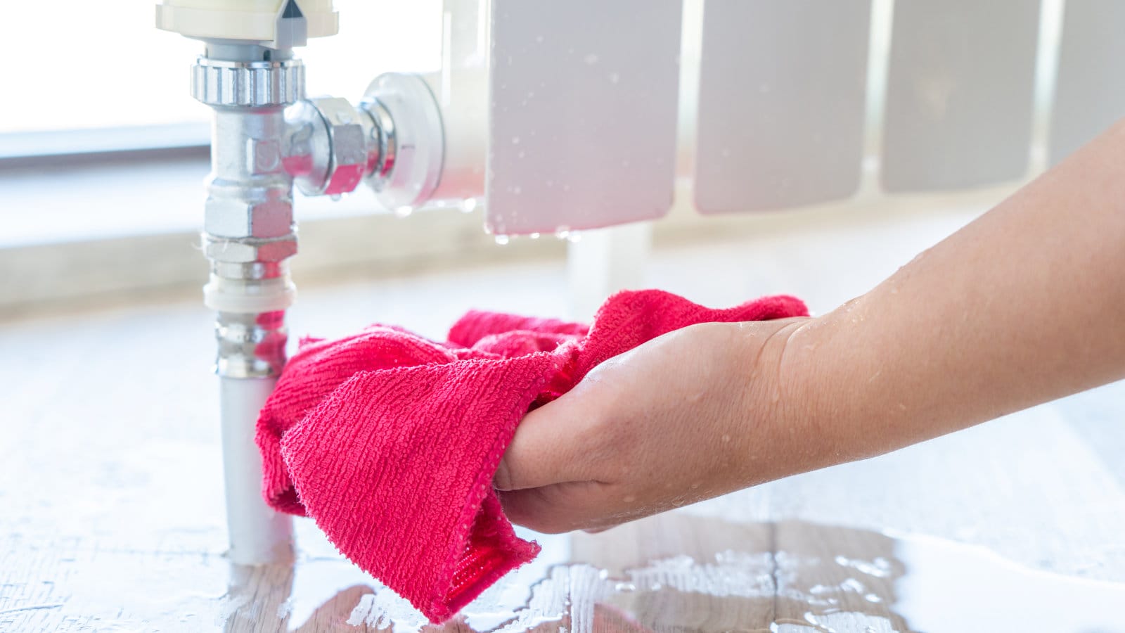 A person's hand using a bright pink cloth to mop up the water around a leaky radiator valve, symbolizing common home plumbing issues that might be covered by insurance.