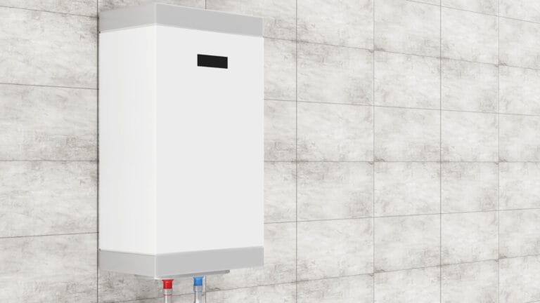 Modern tankless water heater on a tiled wall, guide to choosing the right type for your home