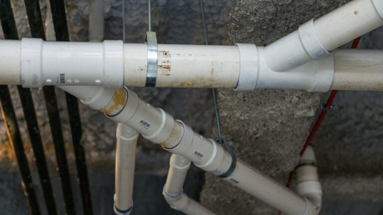 Close-up view of a complex arrangement of PVC plumbing pipes, highlighting the practical use of different plumbing materials in home systems..